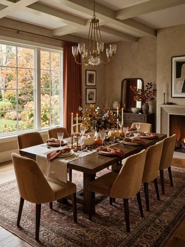 Warm fall dining room with camel velvet chairs, a dark wood dining table, rust drapes, and an earthy Turkish area rug. (fall dining room decor)