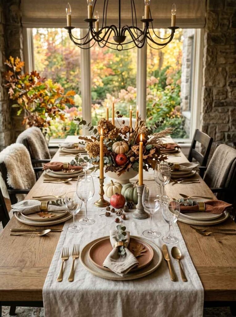 Cozy fall dining tablescape with textured ceramic bowl arrangement, small gourds, taper candles, and rustic chandelier.