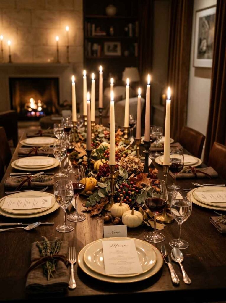 Mood-lit autumn dinner table setting with clustered taper candles, dark wooden table, and printed menu cards.