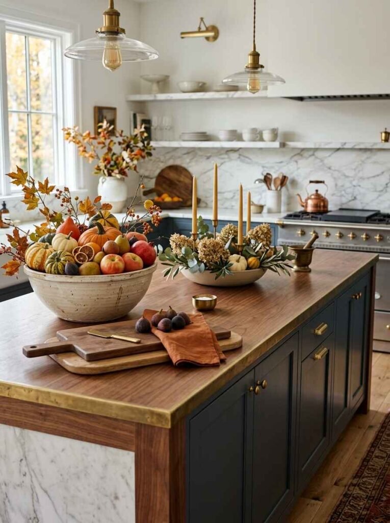 Elegant dark blue kitchen island with a wood top featuring a large ceramic bowl filled with fall produce, brass candles, and cutting boards.