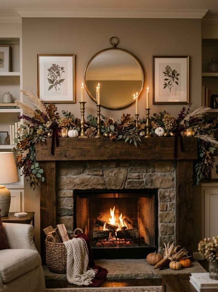 Rustic wood fireplace mantel styled with a lush autumn garland, velvet ribbon accents, brass candle holders, and a round mirror.