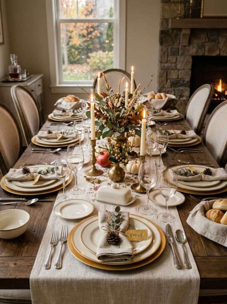 Refined Thanksgiving dinner table setup featuring gold chargers, personalized place cards, pinecones, and neutral linens.