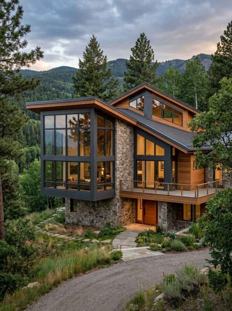 Mountain modern luxury home with custom angled architectural transom windows, dark framing, warm wood siding, stacked stone facade, and forest surroundings.