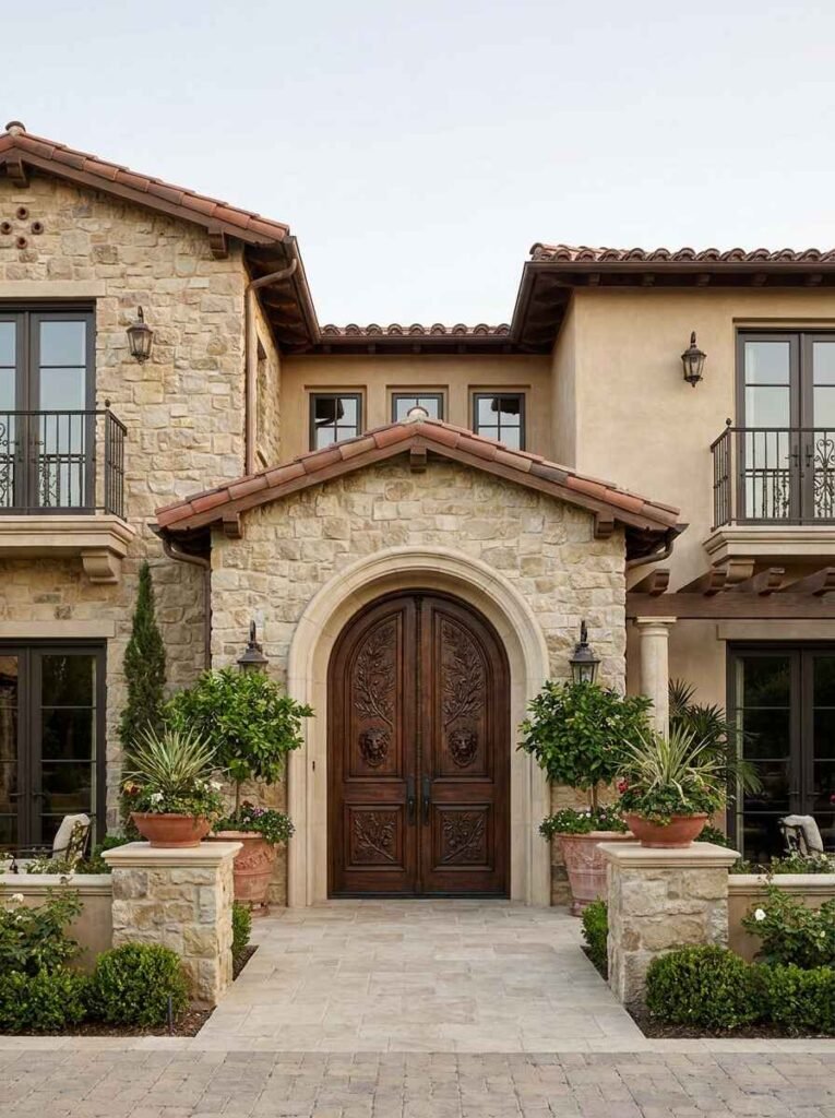 Mediterranean-style luxury home exterior featuring ornate custom carved double wood doors under an arched stone portico
