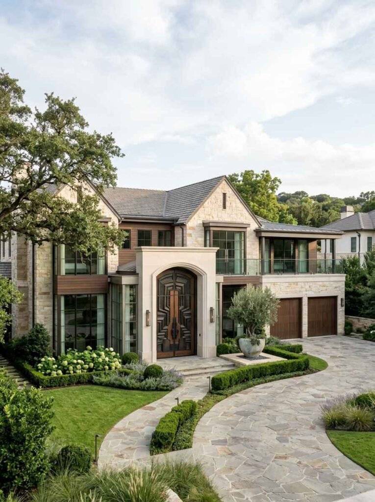 Upscale modern estate facade with a bespoke geometric statement entry door set inside a grand stone portico