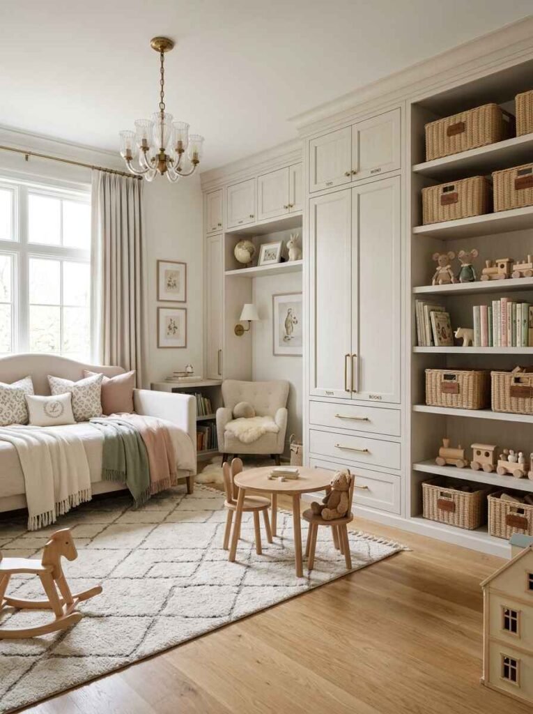 Soft grey floor-to-ceiling custom cabinet unit with labelled doors, lower drawers, and matching open shelving for woven toy baskets.
