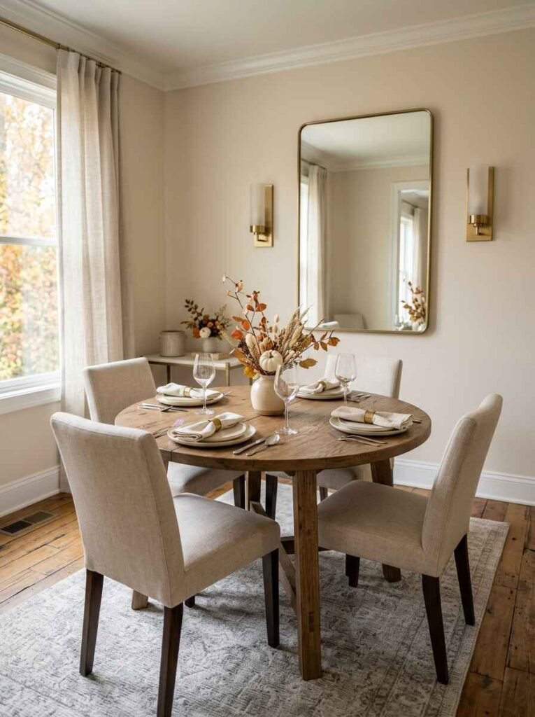 Small dining room with a round wooden table, four beige chairs, a large brass wall mirror, and a simple autumn branch display.