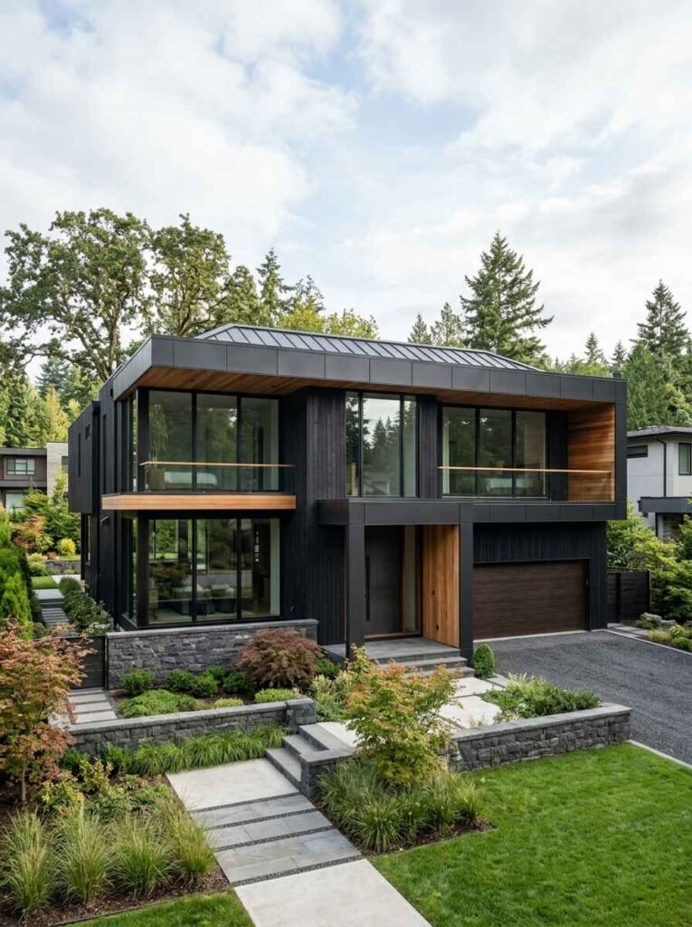 Contemporary luxury home with a deep black exterior facade, natural wood accents under cantilevered overhangs, and large glass windows.