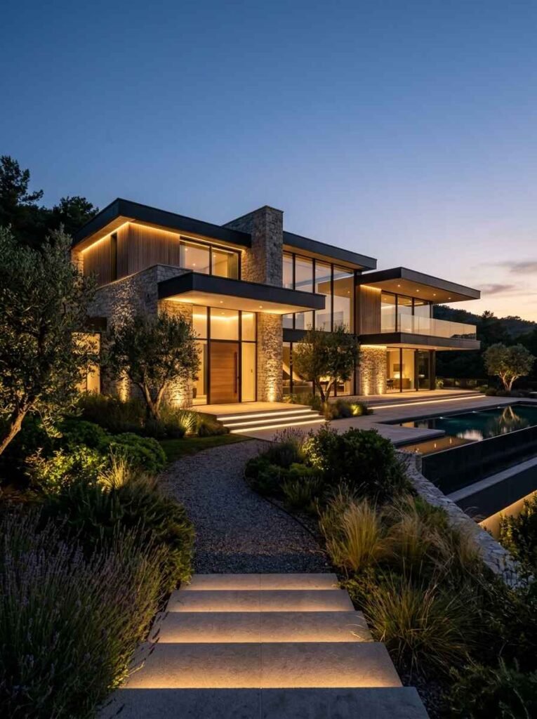 Modern luxury home exterior at dusk showcasing architectural outdoor lighting, stone cladding, glass balconies, and illuminated garden steps