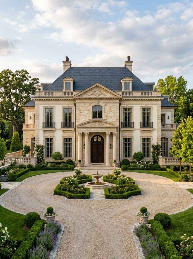 French country luxury estate with limestone facade, symmetry architectural proportions, central fountain, and manicured circular gravel driveway