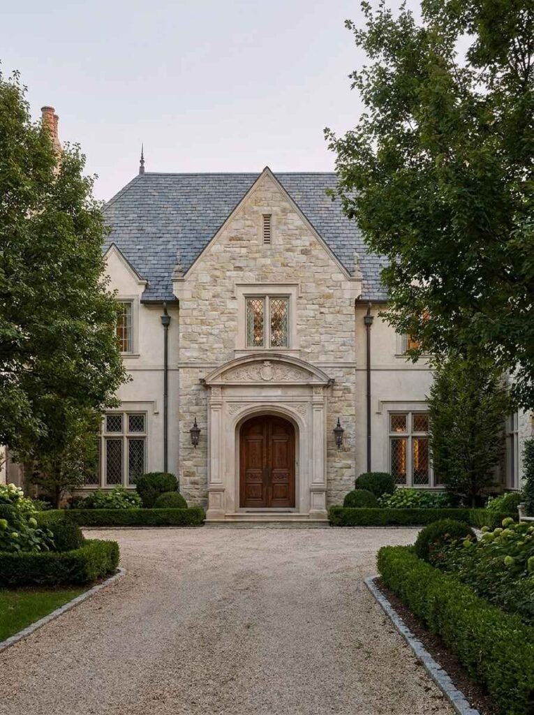 Elegant European manor facade featuring a rich dark wood entrance door framed by an intricate carved limestone surround