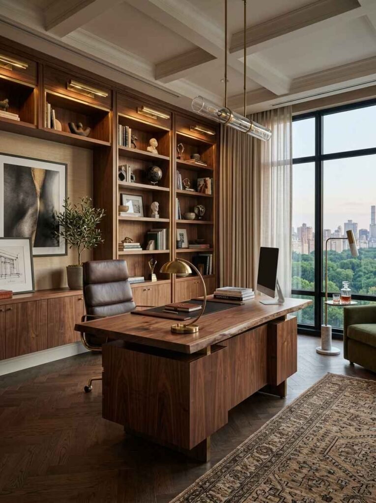 Large luxury executive home office desk in dark walnut wood with built-in storage and leather accent chair