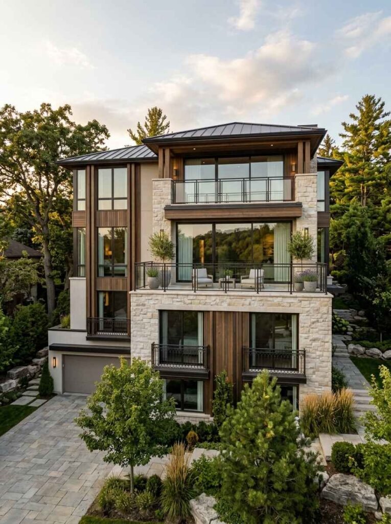 Multi-story modern luxury home exterior featuring natural wood siding panels, stone accents, upper balconies, and dark metal roof details
