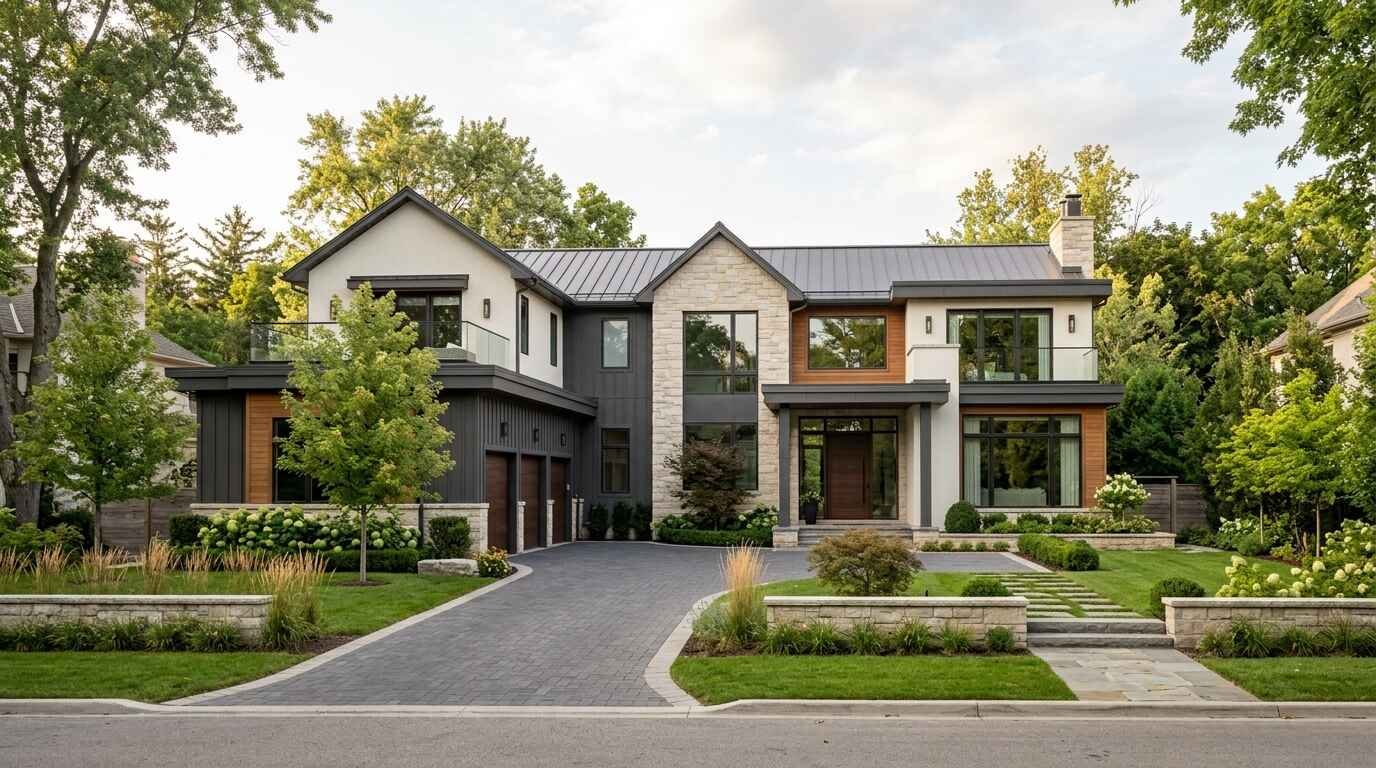 High-end transitional home displaying a modern exterior house color palette with charcoal siding, white stucco, stone veneer, and wood cladding.