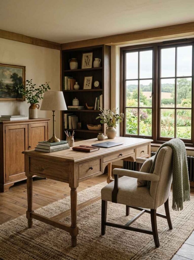 Rustic farmhouse home office desk in light natural wood with turned legs and storage drawers by a window