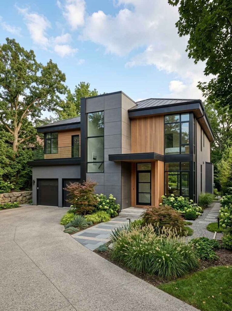 Modern two-story house exterior with large-format grey fiber cement panels, vertical wood siding, and black trim