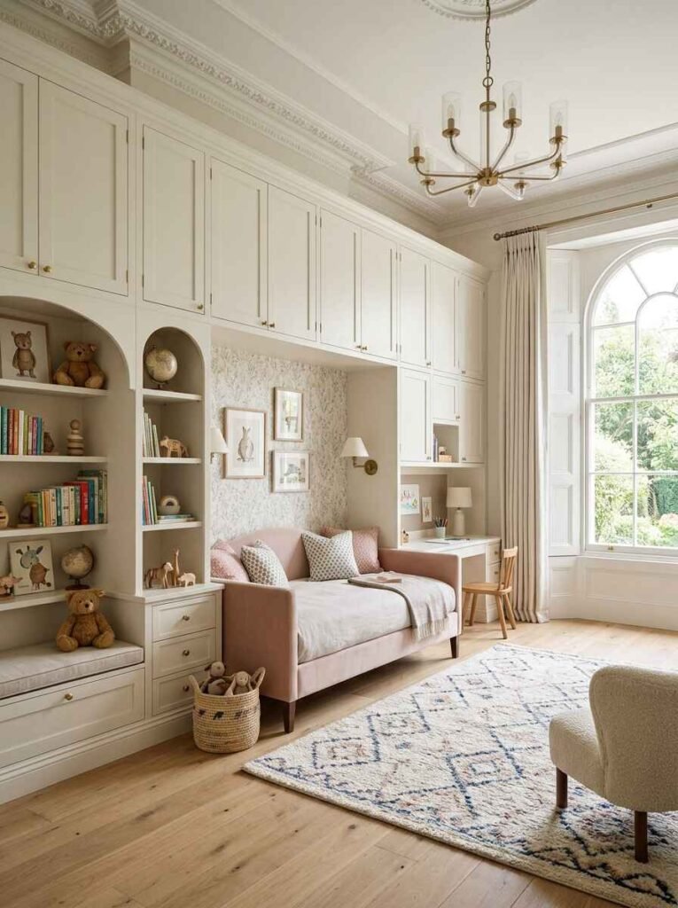 Elegant off-white custom wall unit incorporating a cozy alcove daybed, upper cabinets, arched bookshelves, and an integrated study desk.