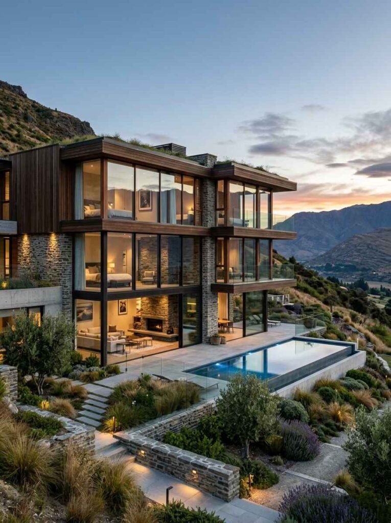 Luxury hillside home exterior with floor-to-ceiling glass walls, cantilevered terraces, infinity pool, and integrated cliffside stone landscaping