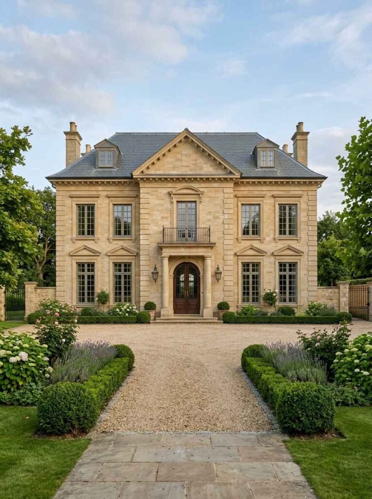 European luxury estate featuring tall French-style multi-pane windows, limestone block facade, symmetrical design, and a grand gravel driveway entrance.