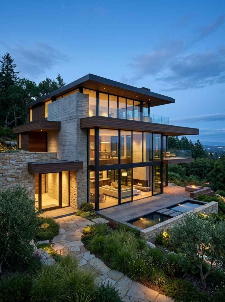 Luxury modern home facade at dusk with floor-to-ceiling structural glass panels, concrete walls, and warm interior lighting