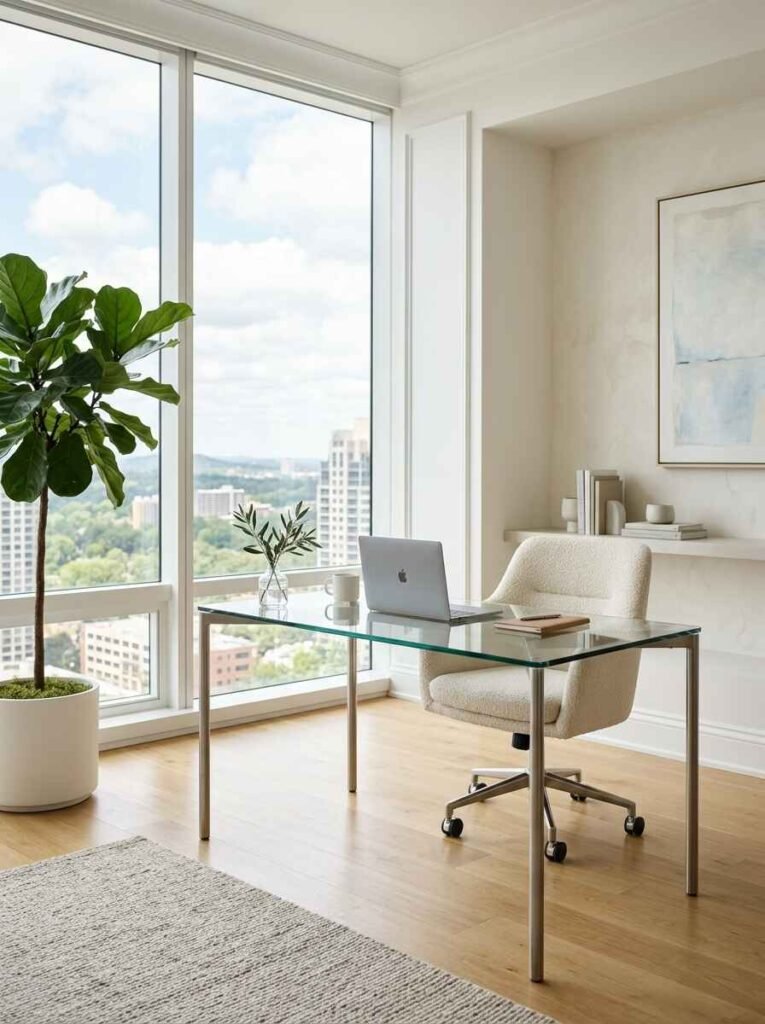 Clear glass home office desk with modern metal legs paired with a cream upholstered swivel office chair