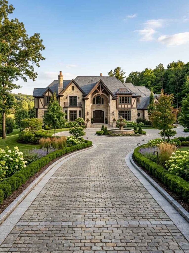 English manor style luxury home exterior featuring a long cobblestone driveway, stone facade, decorative gables, and central courtyard fountain