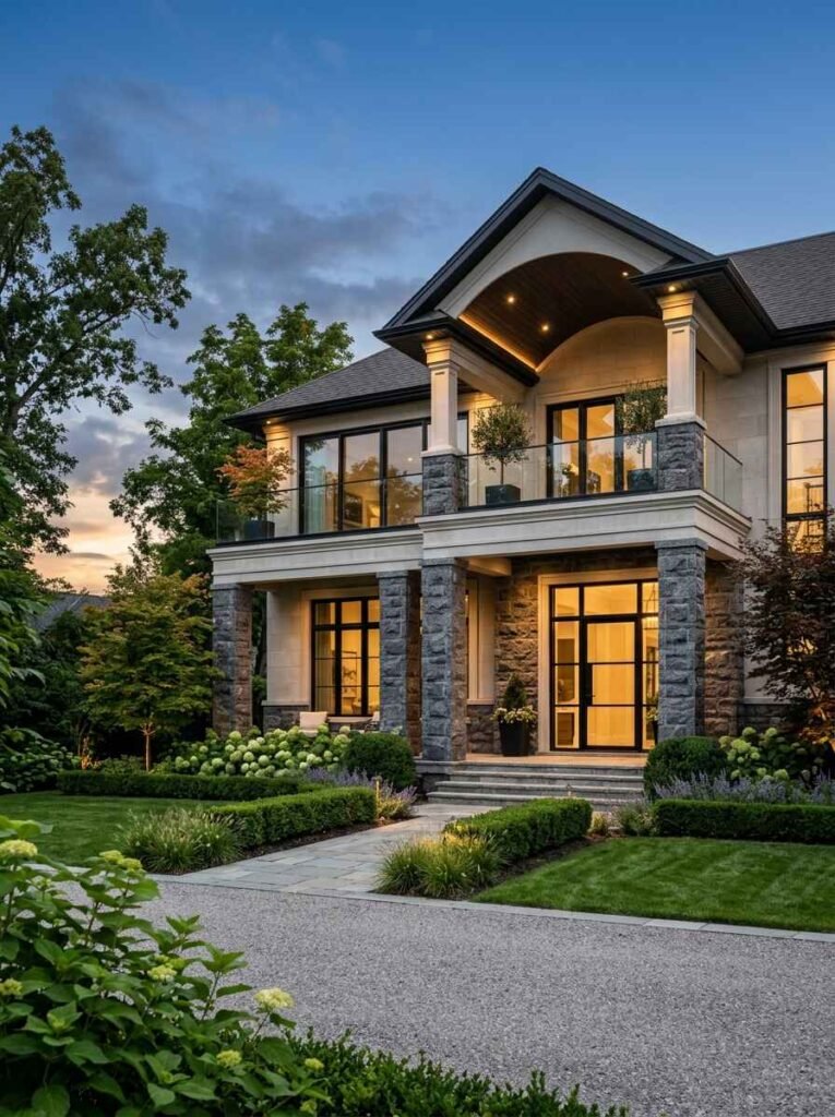 High-end home entrance framed by grey granite stone piers, stone steps, glass balcony, and recessed entry lighting