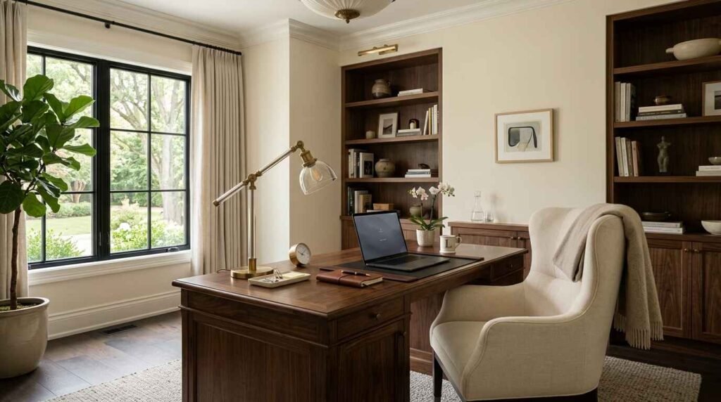 Warm traditional wood home office desk setup featuring a laptop, leather blotter, brass desk lamp, and upholstered armchair in a sunlit room