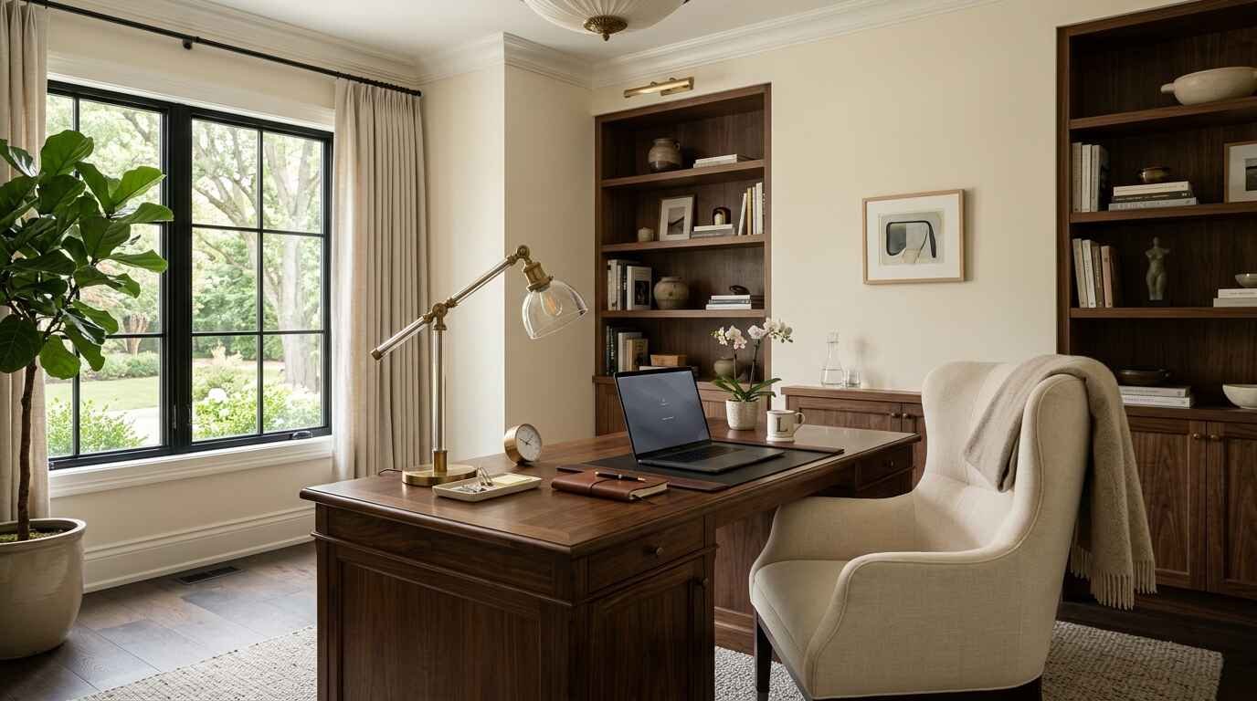 Warm traditional wood home office desk setup featuring a laptop, leather blotter, brass desk lamp, and upholstered armchair in a sunlit room