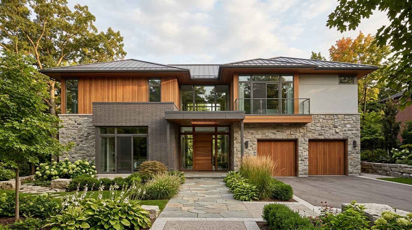 Modern luxury home exterior featuring stacked natural stone cladding, vertical wood siding, and grey standing seam metal roof