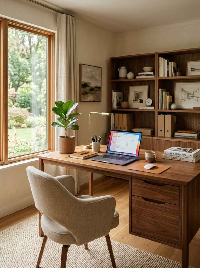 Warm walnut wood home office desk featuring integrated side storage drawers set up with a laptop and lamp