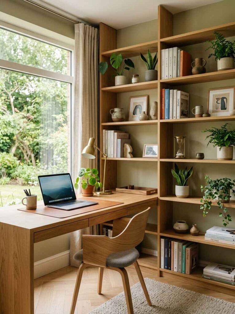 Light oak home office desk attached to a large vertical wall bookshelf filled with books and potted plants