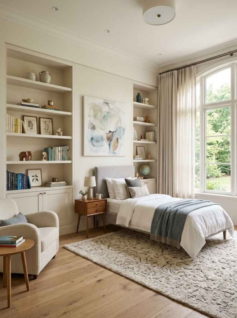 Light beige recessed wall shelves flanking a single bed with lower double-door storage cabinets and neutral bedroom styling.