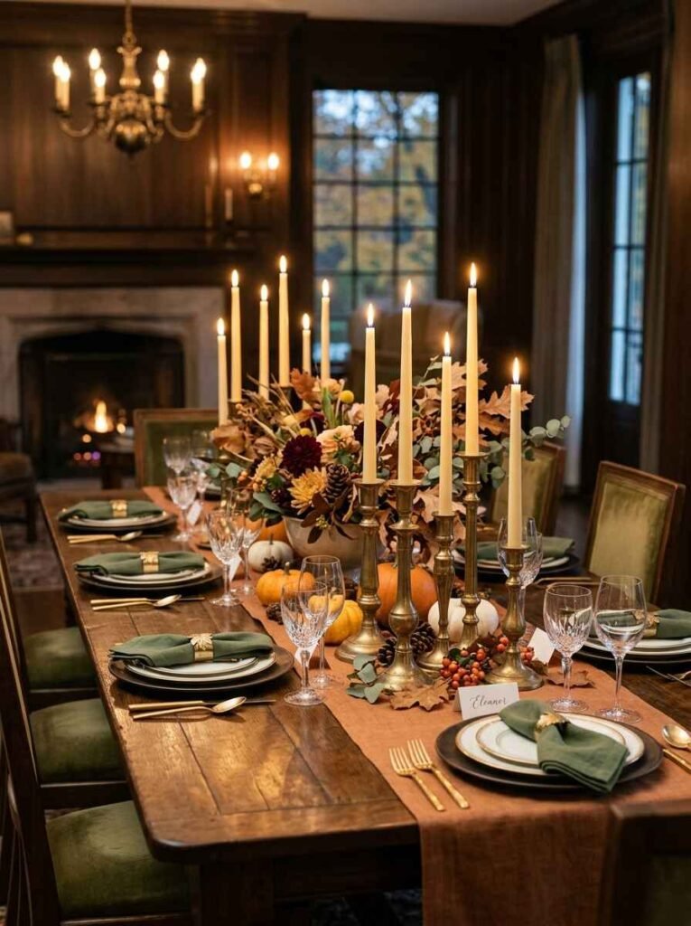 Elegant fall dining table decor styled with rich amber glass tumblers, forest green napkins, brass candlesticks, and warm lighting. 