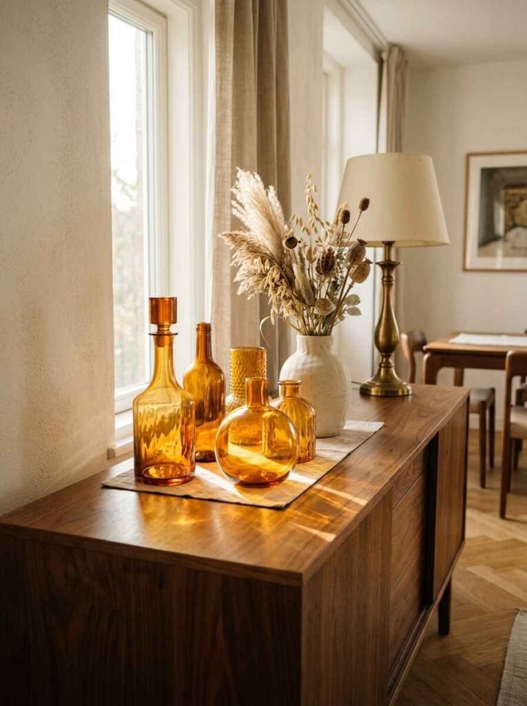 Collection of amber glass bottles and glowing amber vases catching autumn sunlight on a warm walnut sideboard credenza.