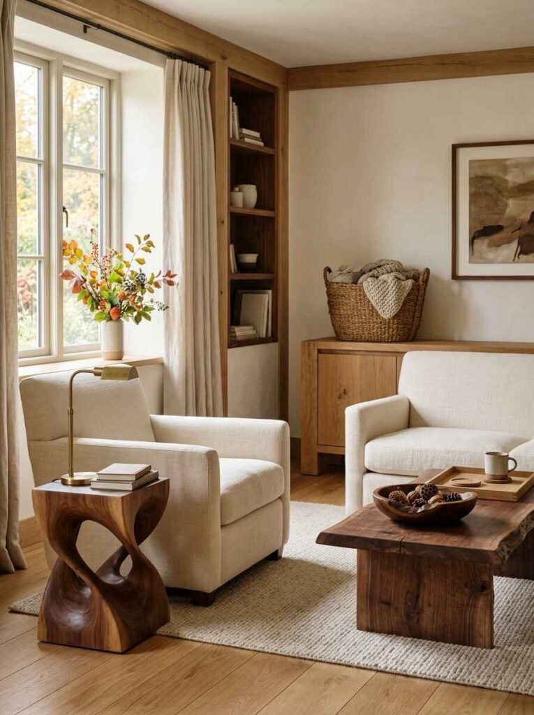 Warm fall living room featuring a live-edge wooden coffee table, carved side stool, textured neutral armchairs, and a carved wood tray.