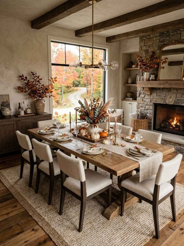 Rustic-luxury dining space with a reclaimed wood table, off-white upholstered chairs, exposed ceiling beams, and a bright autumn tree view outside the large window.