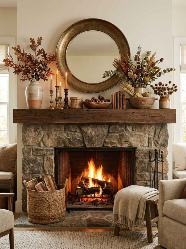 Stone fireplace hearth styled with a hammered brass round mirror, wooden bowls, dried oak branches, and woven storage baskets.