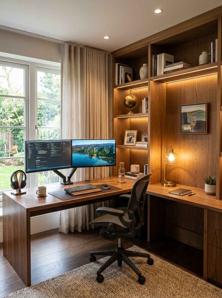 Dark wood corner L-shaped home office desk featuring dual computer monitors, built-in shelving, and warm ambient lighting