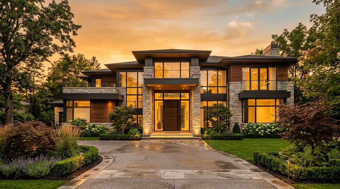 Multi-story modern luxury estate illuminated at sunset featuring expansive floor-to-ceiling glass windows, stone veneer walls, and a smooth paved driveway