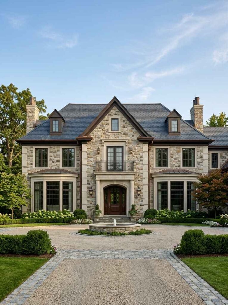 Luxury stone estate featuring large dark grid windows, arched ground-floor openings, a slate gabled roofline, and manicured landscaping.