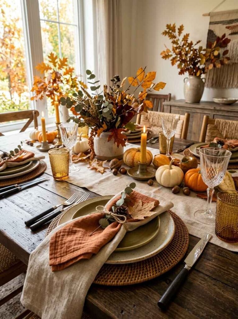 Terracotta linen napkin tied with twine and eucalyptus resting on a stoneware plate with a woven rattan charger.