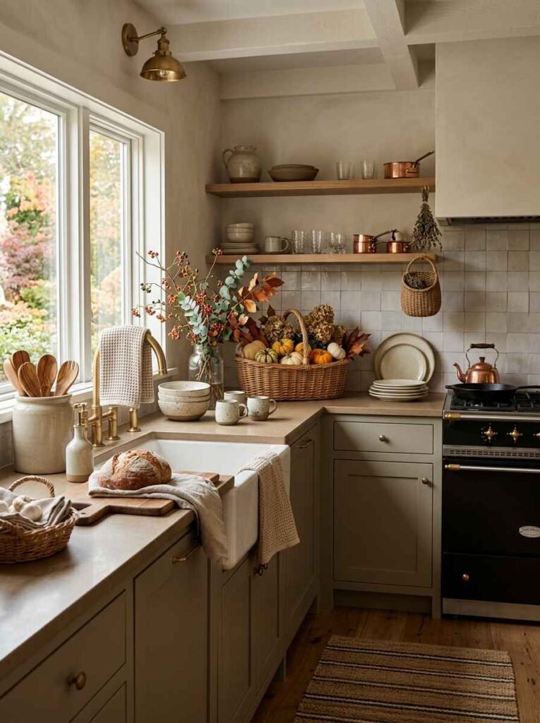 Muted green kitchen counter featuring woven baskets, linen towels, handcrafted ceramic bowls, and copper cookware.