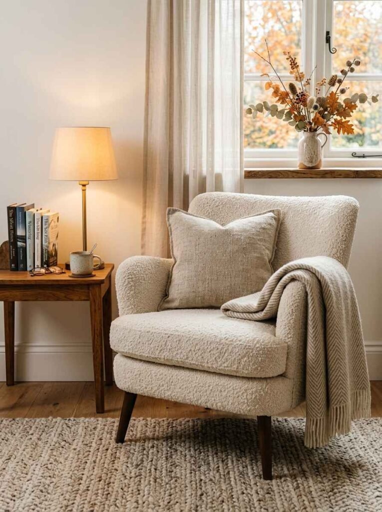 Cozy reading nook featuring a cream bouclé accent chair, herringbone wool throw blanket, textured linen cushion, and warm wood side table.