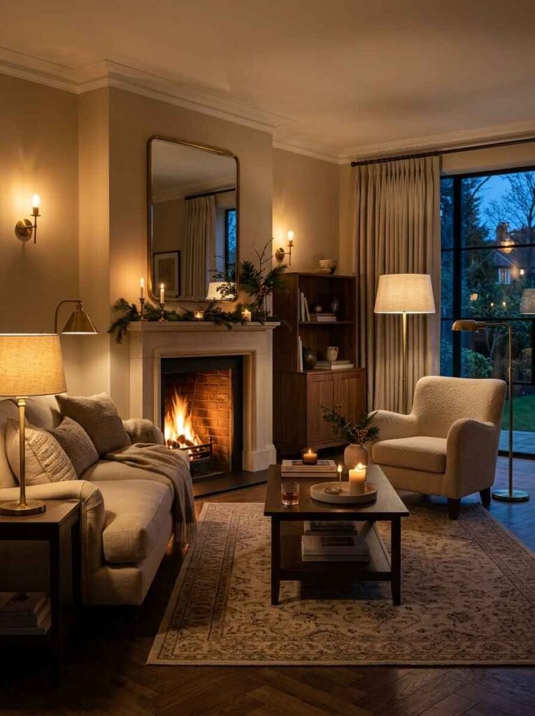 Evening living room lit by warm ambient floor lamps, brass wall sconces, mantel candles, and a crackling fireplace setting a cozy fall mood.