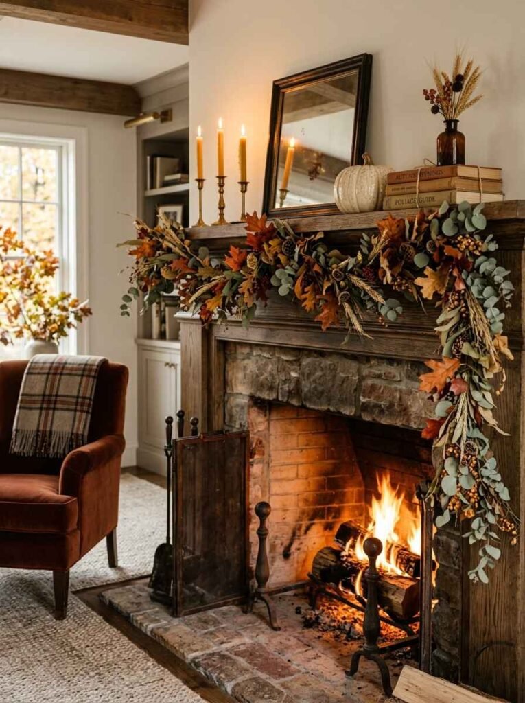 Fireplace mantel styled with an asymmetrical lush autumn leaf and eucalyptus garland cascading down dark wood. (fall mantel decor ideas)