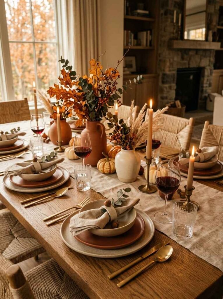Elegant fall dining table setup featuring a natural linen runner, stoneware plates, terracotta vessels, and tall taper candles.
