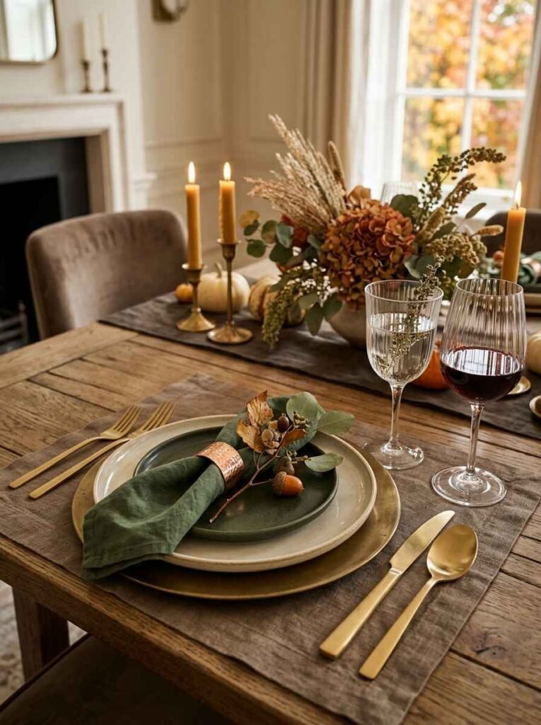 Sophisticated autumn place setting featuring a metallic charger, deep green dishware, a folded linen napkin tied with acorns, and gold flatware on a dark wood table.