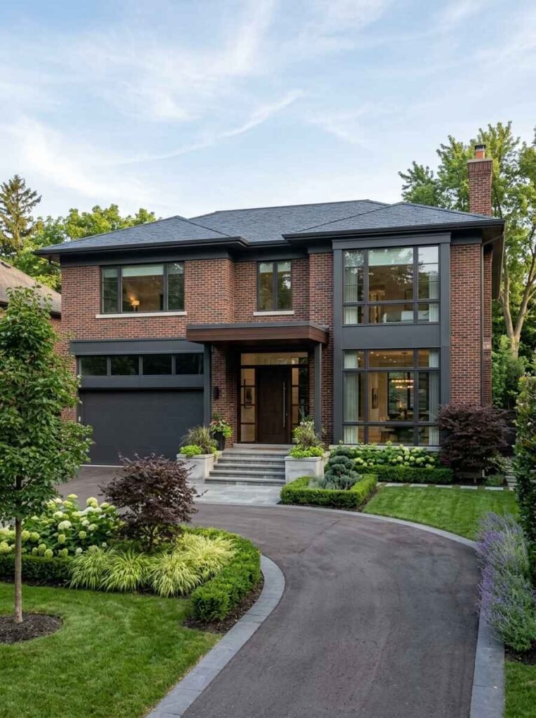 Luxury brick home exterior featuring dark modern window trims, covered front entry, statement garage door, and manicured front yard landscaping