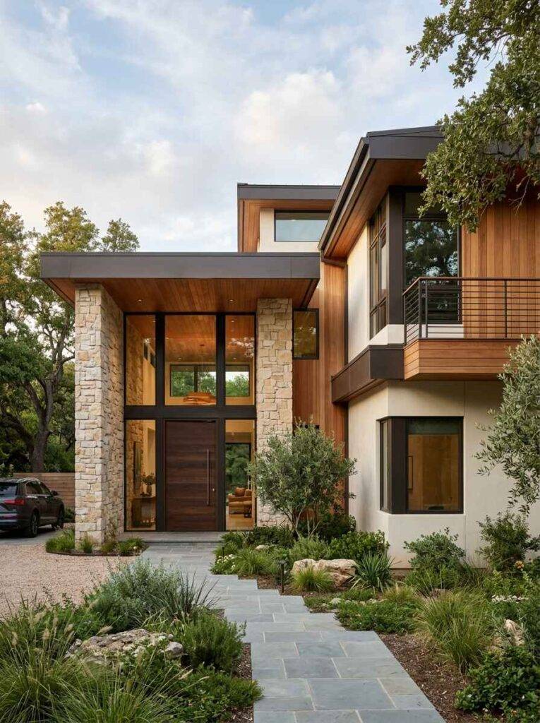 Modern luxury home exterior showcasing a cohesive warm color scheme with natural cedar wood panels, cream stucco, and dark bronze window frames